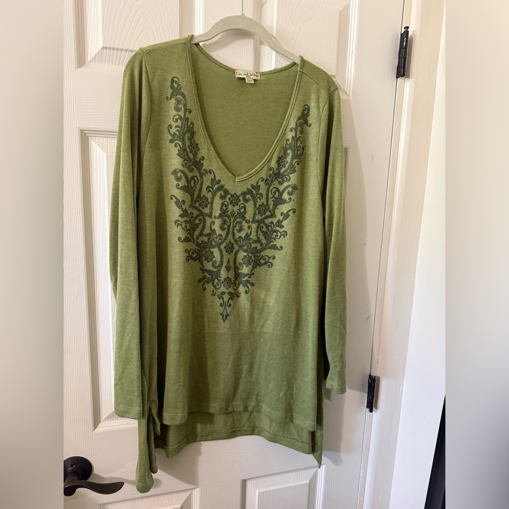 live and let live Olive Green V-Neck Tunic with Dark Green Embroidery